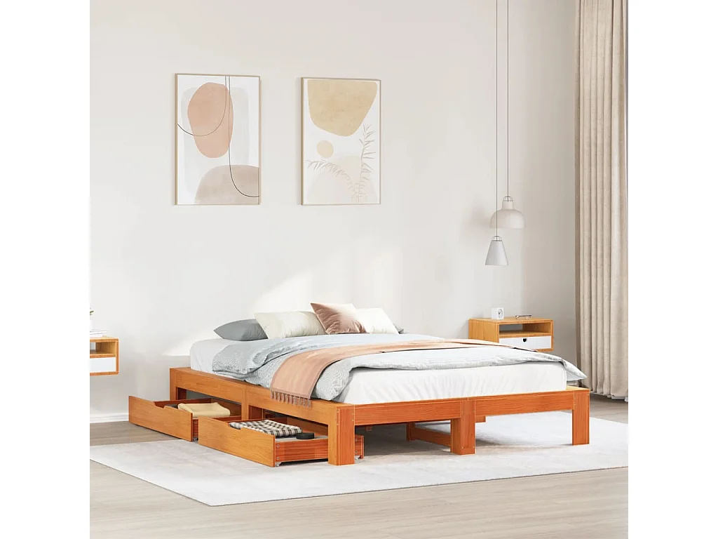 Cama sin colchón madera maciza de pino marrón cera 140x190 cm