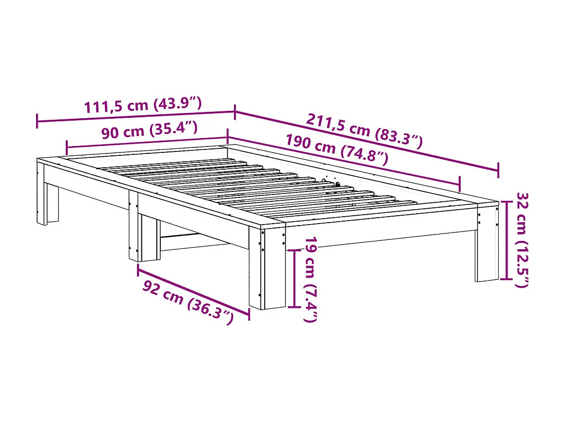 Cadre de lit sans matelas blanc 90x190 cm bois de pin massif