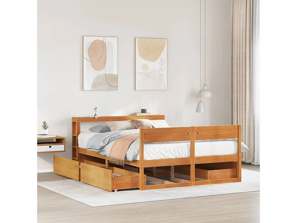 Cama sin colchón madera maciza de pino marrón cera 140x200 cm