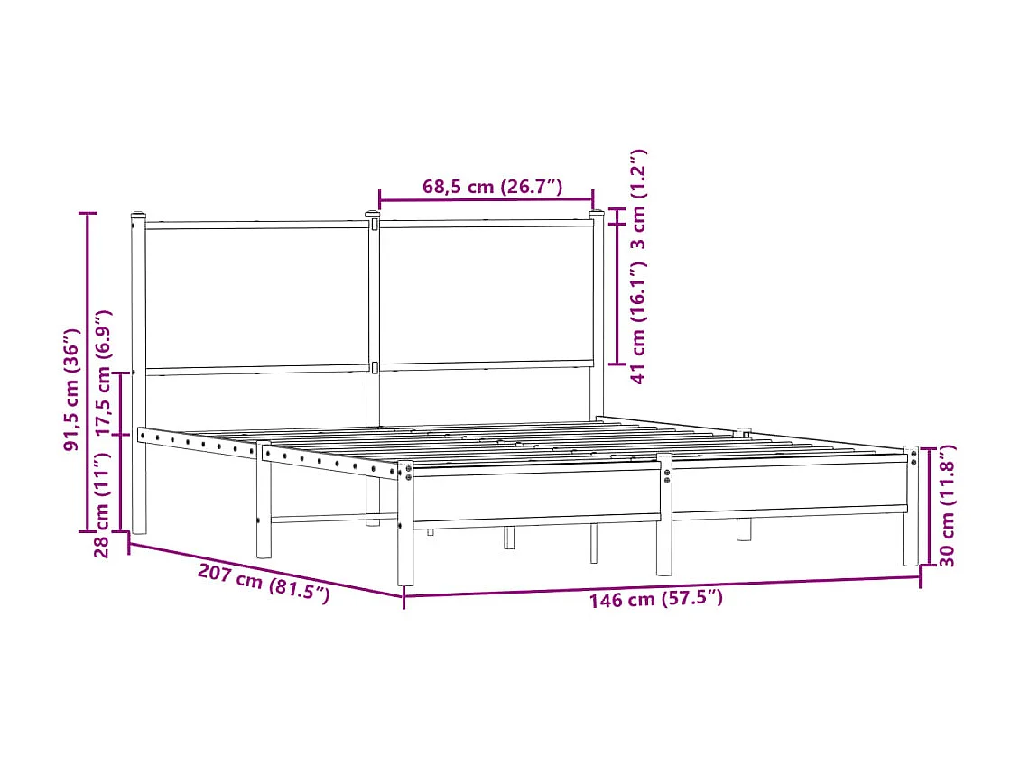 Cadre de lit en métal sans matelas chêne fumé 140x200 cm