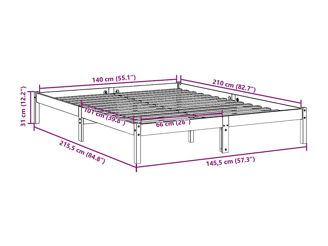 Cama extra longa sem colchão 140x210 cm madeira de pinho maciça