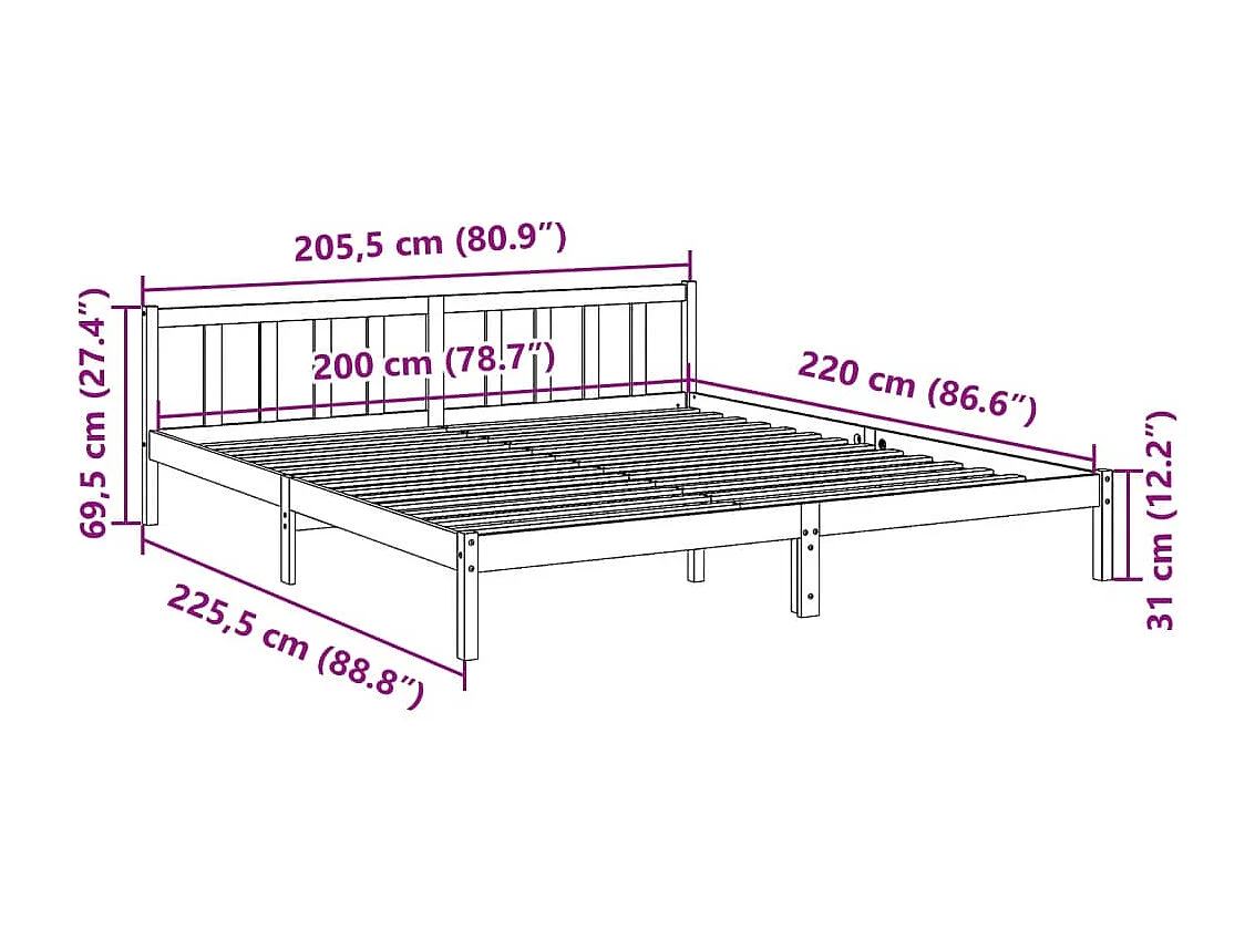 Cadre de lit extra long sans matelas 200x220 cm bois massif pin
