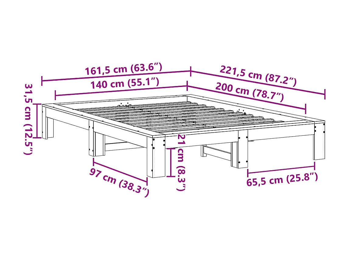 Cadre de lit sans matelas cire marron 140x200cm bois pin massif
