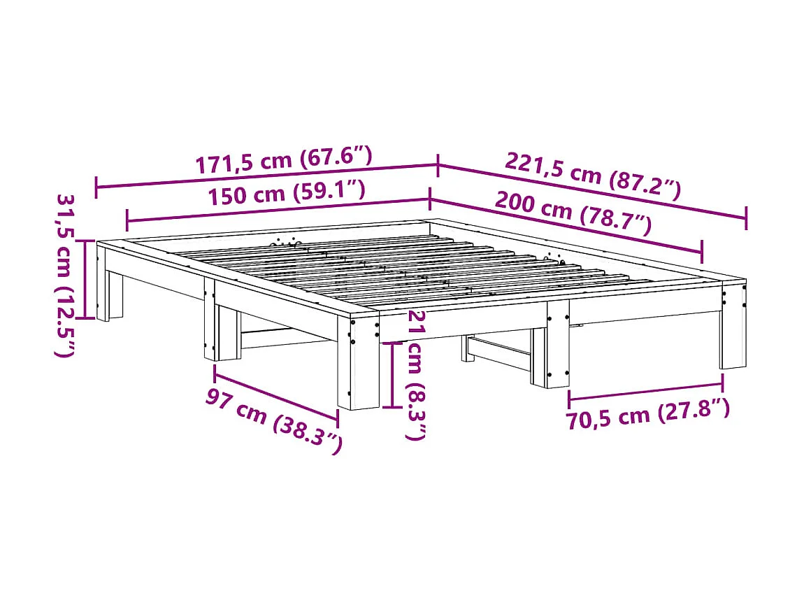 Cadre de lit sans matelas cire marron 150x200cm bois pin massif