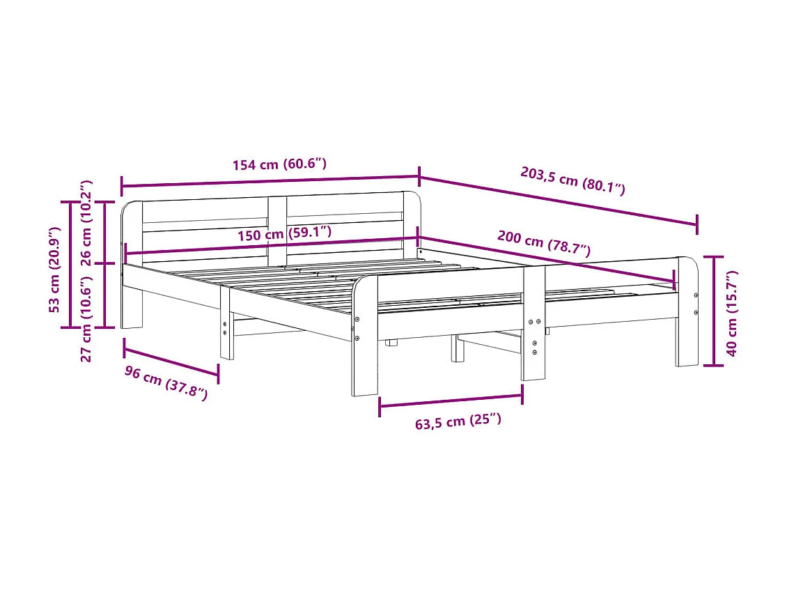 Cadre de lit sans matelas blanc 150x200 cm bois de pin massif