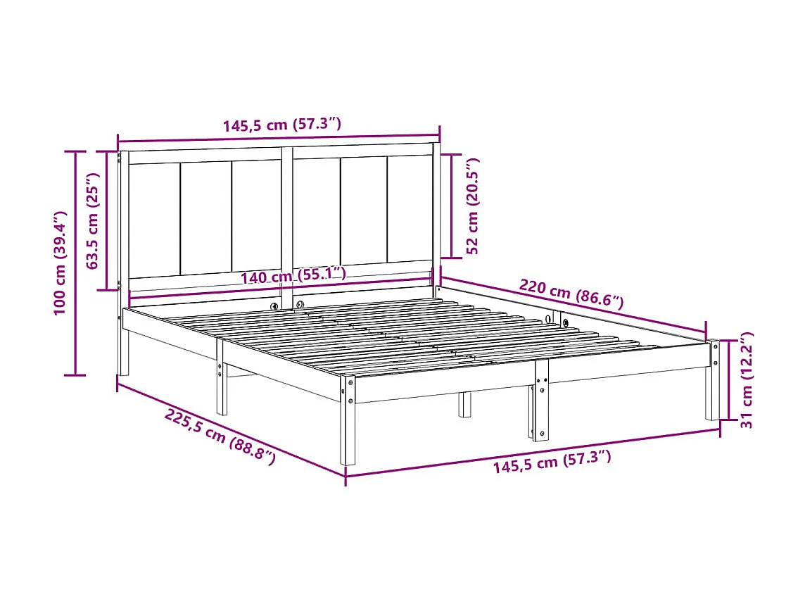 Cama extralarga sin colchón madera maciza 140x220 cm