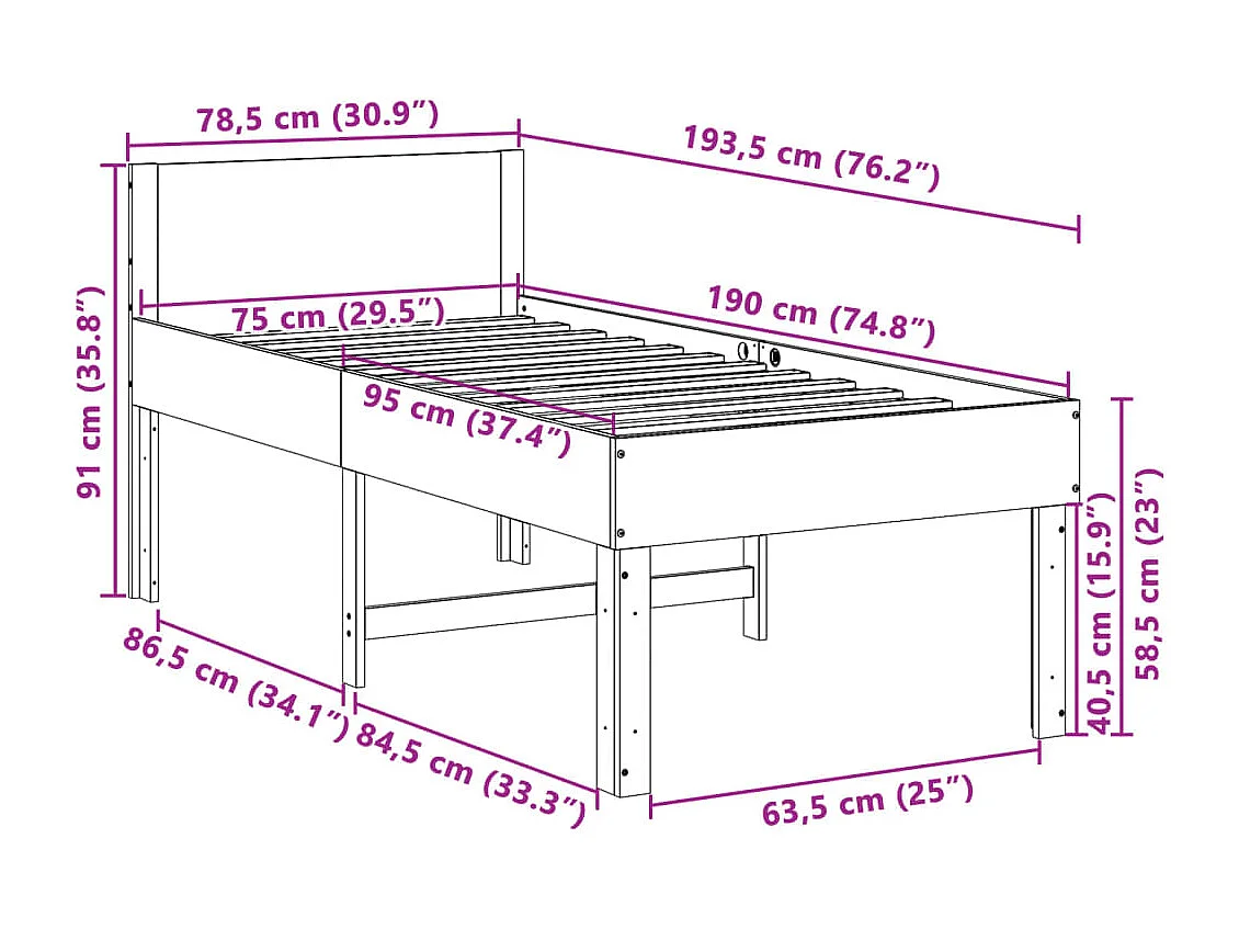 Estructura de cama sin colchón madera maciza pino 75x190 cm
