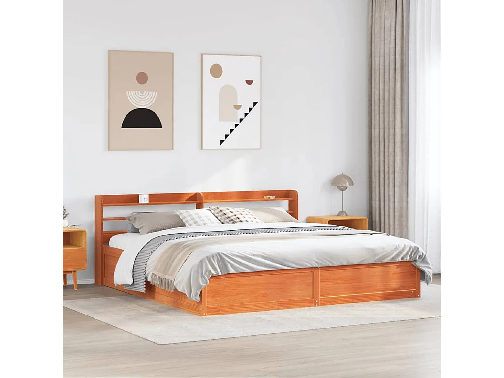 Cadre de lit et tête de lit cire marron 200x200 cm bois de pin