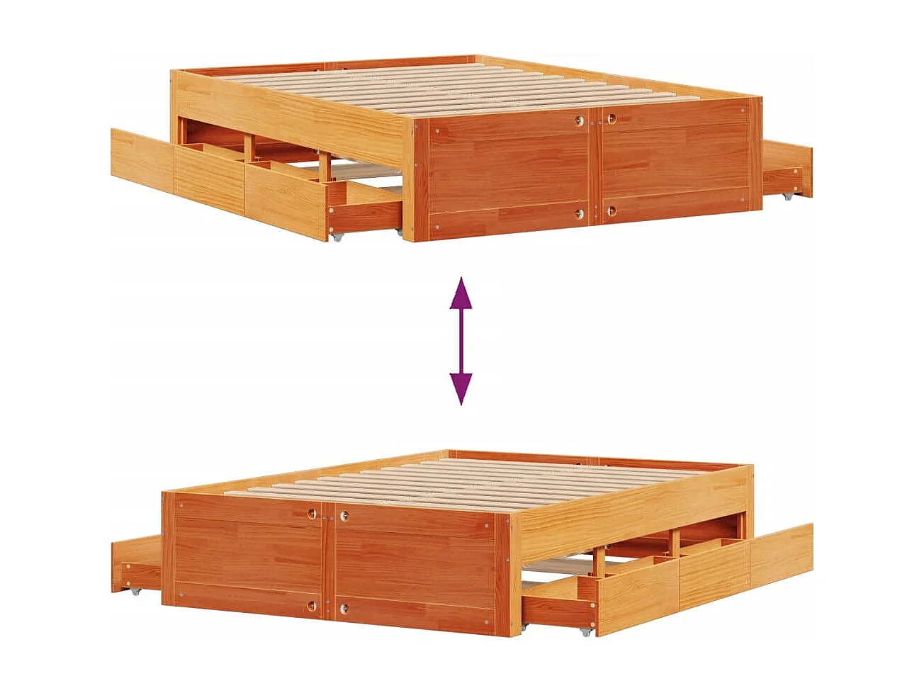 Cadre de lit sans matelas avec tiroirs brun cire 160x200 cm pin