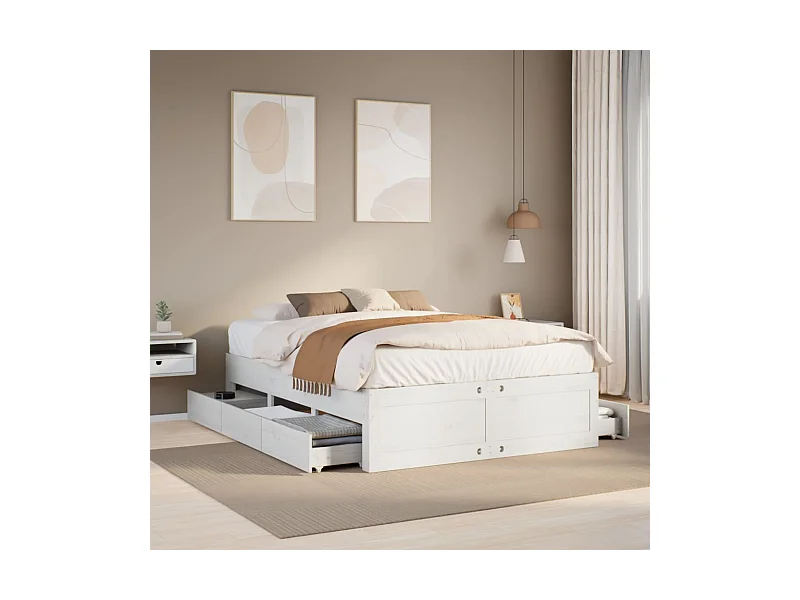 Cama sem colchão com gavetas 150x200 cm pinho maciço branco