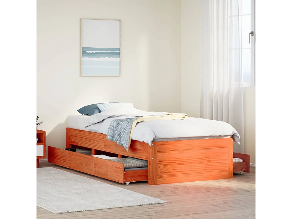 Cama sin colchón con cajones madera de pino marrón 90x200 cm