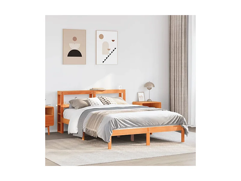 Estructura cama con cabecero madera pino marrón cera 160x200 cm