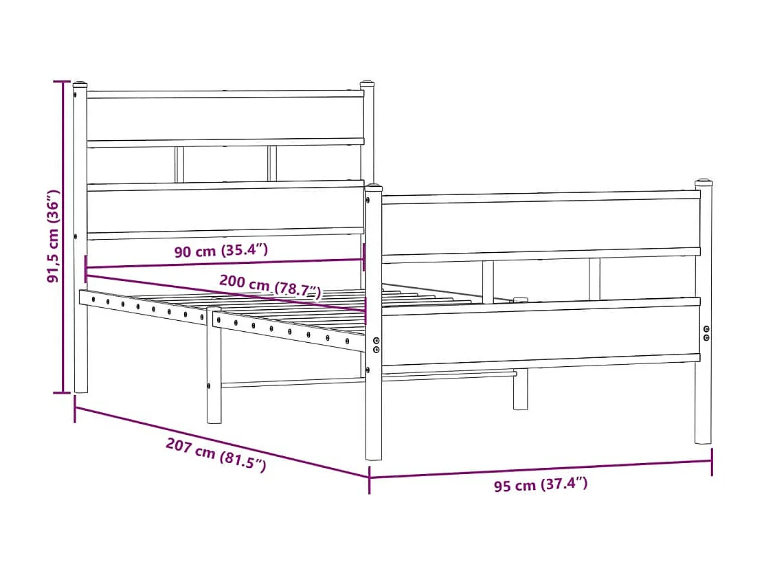 Estructura de cama sin colchón metal roble Sonoma 90x200 cm