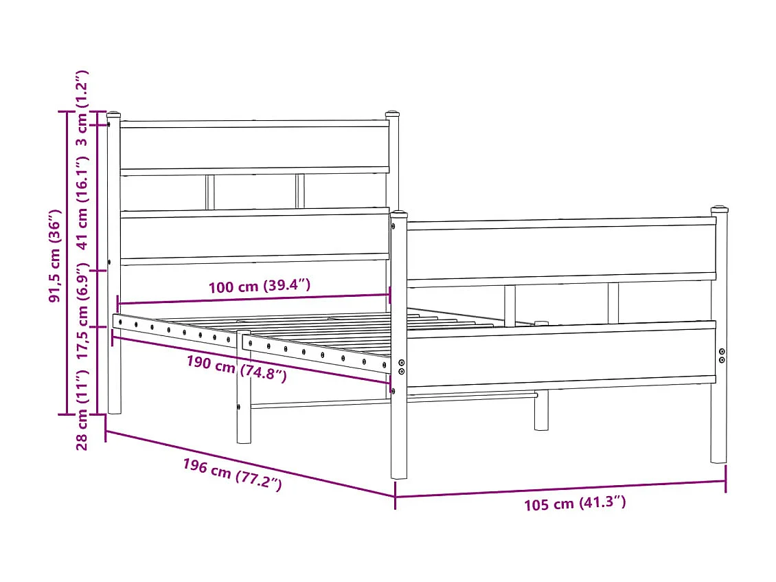 Cama sem colchão com cabeceira e pés 100x190 cm