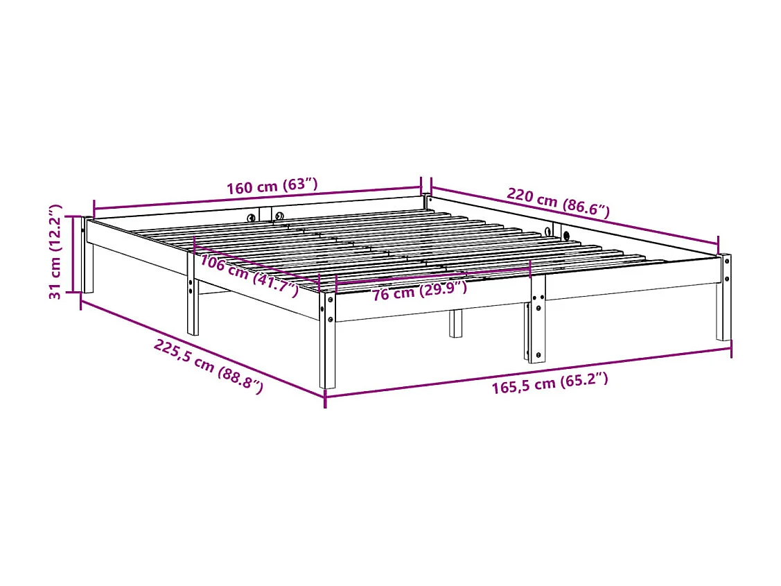 Cadre de lit extra long sans matelas 160x220 cm bois massif pin