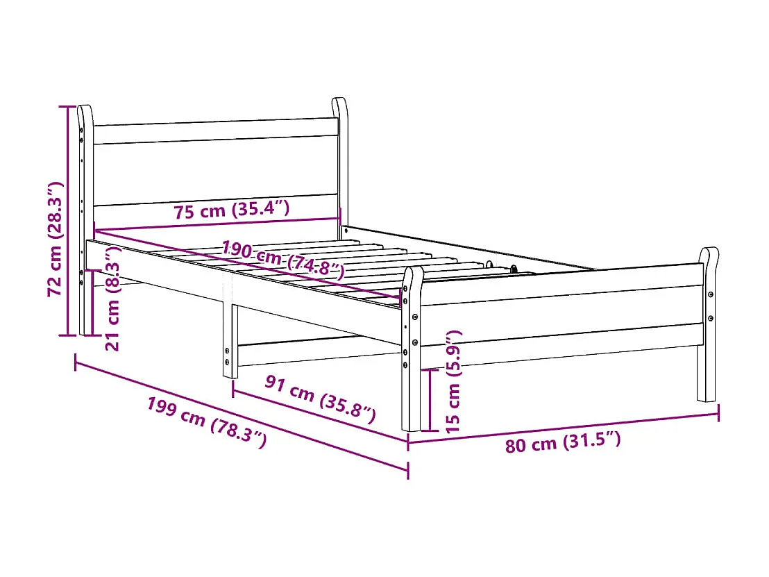 Estructura de cama sin colchón madera maciza blanca 75x190 cm