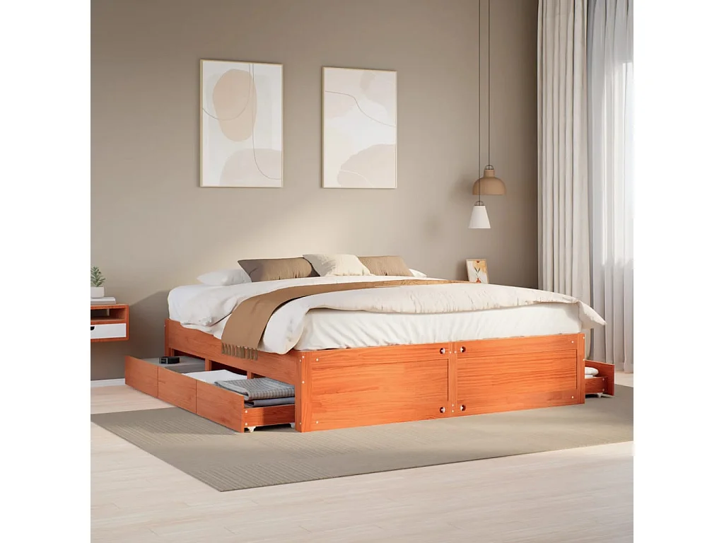 Cadre de lit sans matelas avec tiroirs brun cire 180x200 cm pin