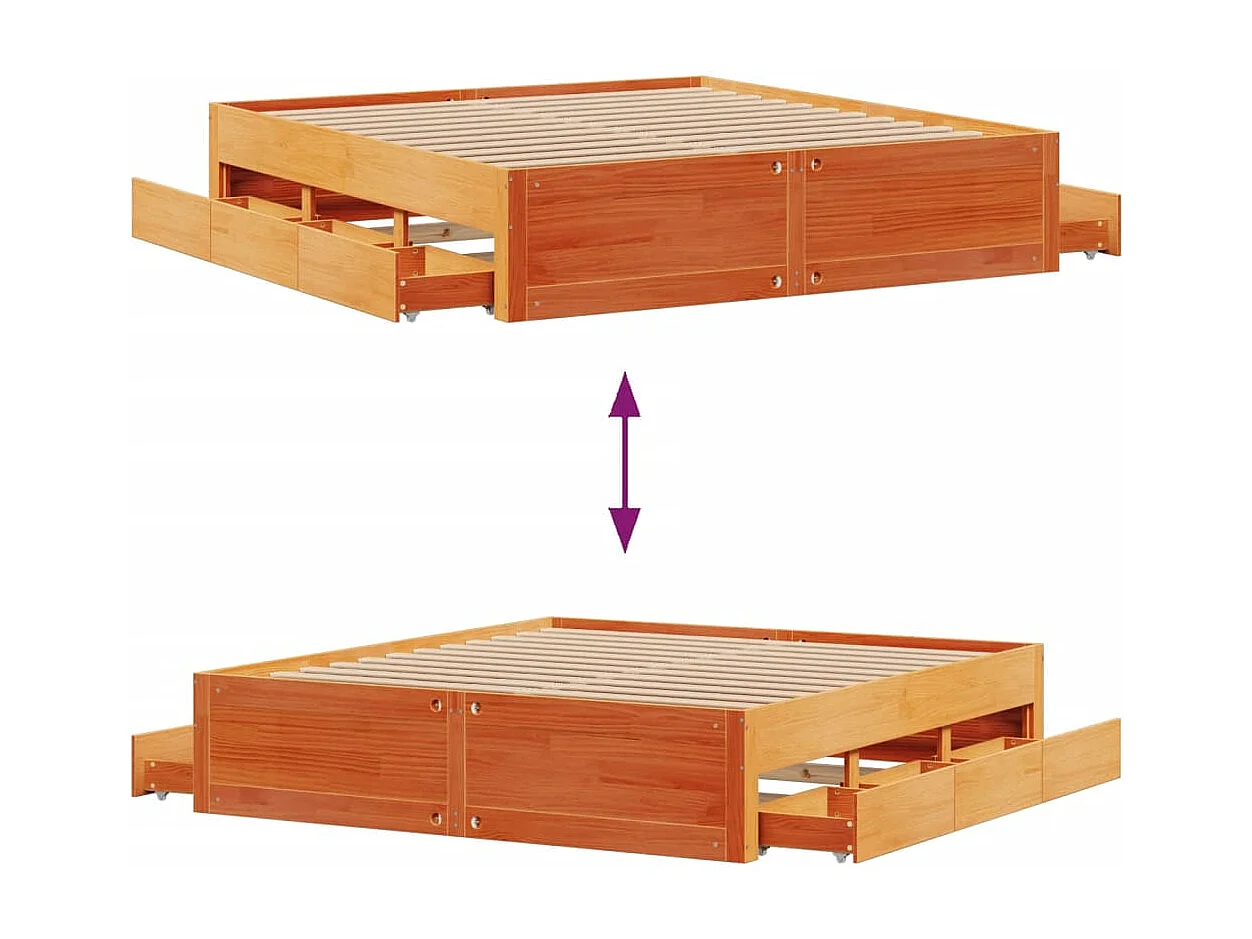 Cadre de lit sans matelas avec tiroirs brun cire 180x200 cm pin