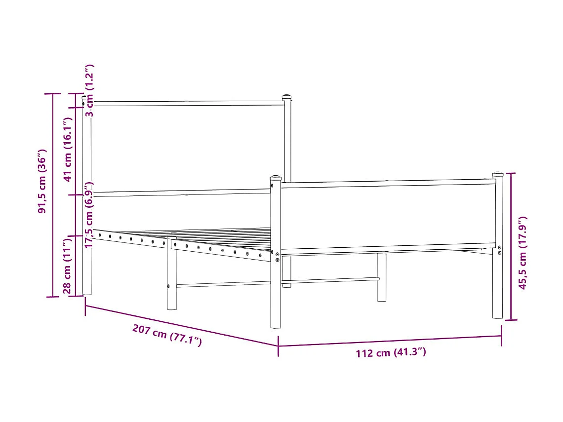 Cadre de lit en métal sans matelas chêne fumé 107x203 cm