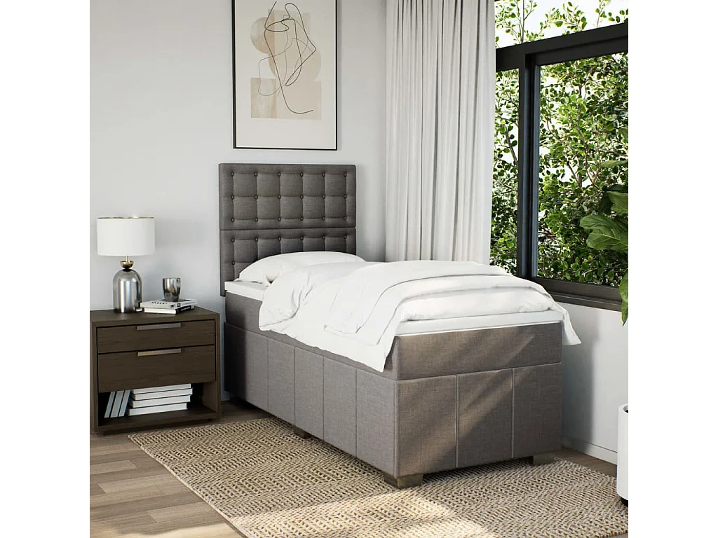 Cama box spring con colchón tela gris taupe 80x200 cm
