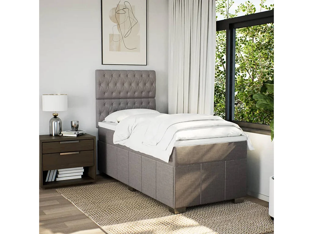 Cama box spring con colchón tela gris taupe 90x190 cm