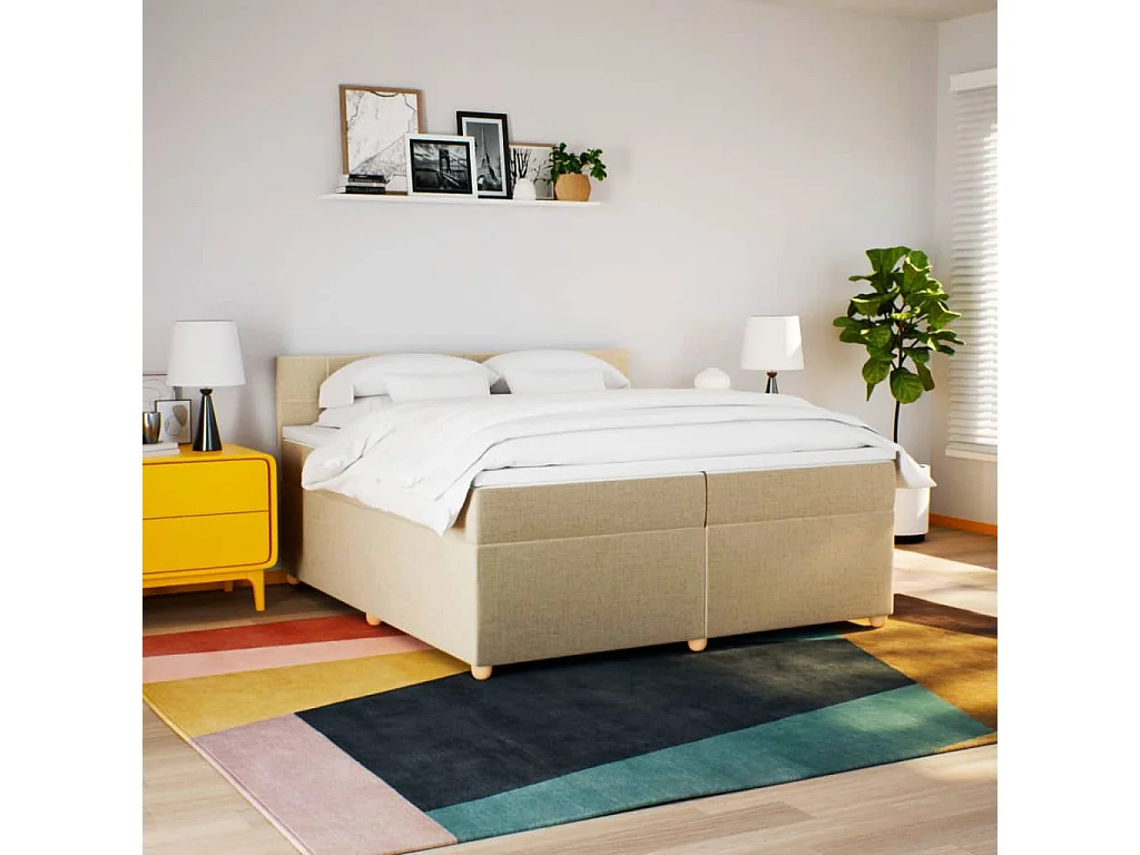 Cama box spring con colchón tela color crema 200x200 cm