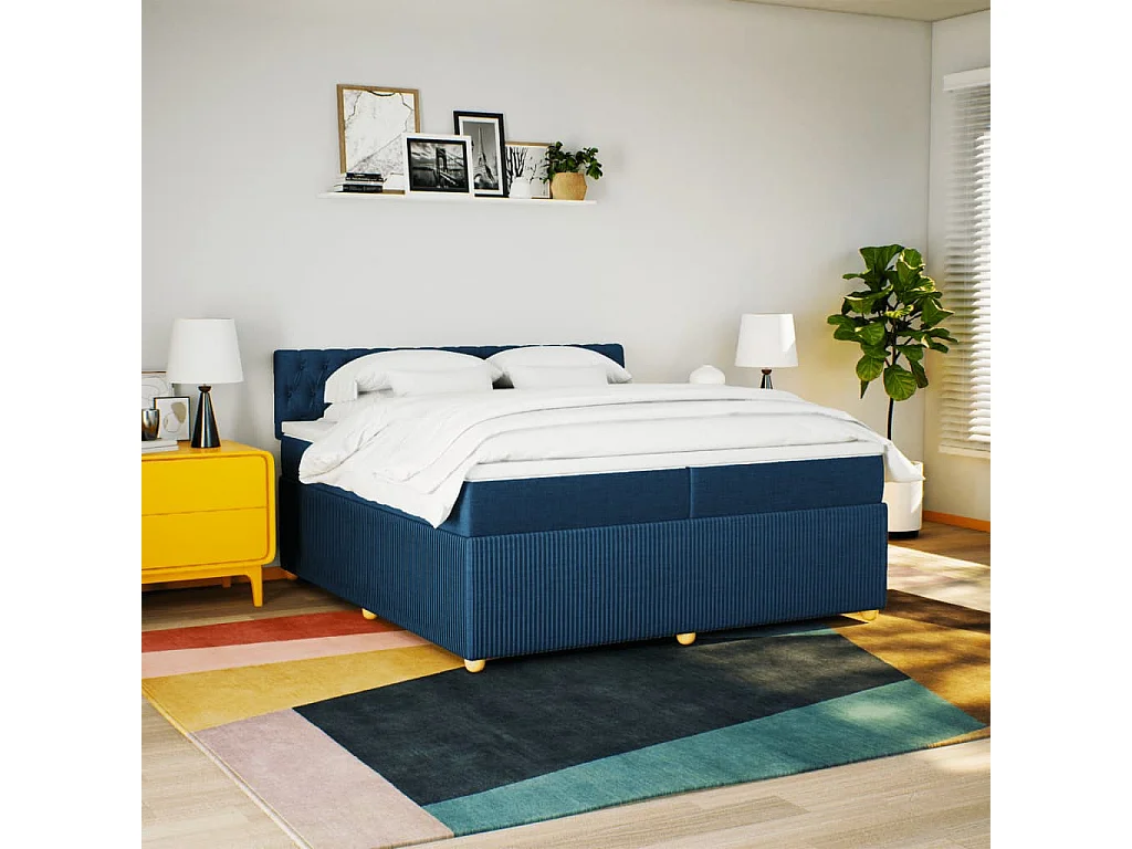 Cama box spring con colchón tela azul 200x200 cm