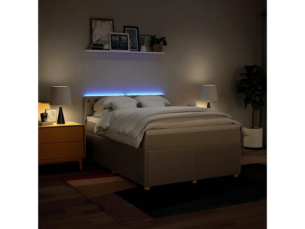 Cama box spring con colchón tela color crema 140x190 cm