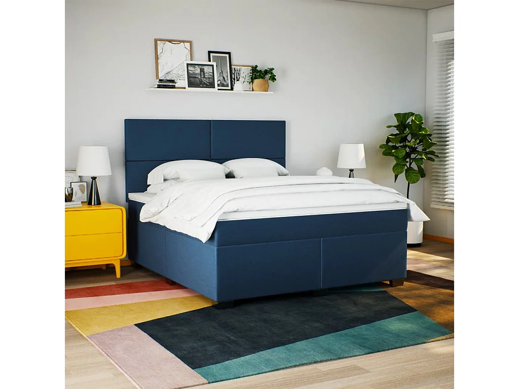 Cama box spring con colchón tela azul 180x200 cm