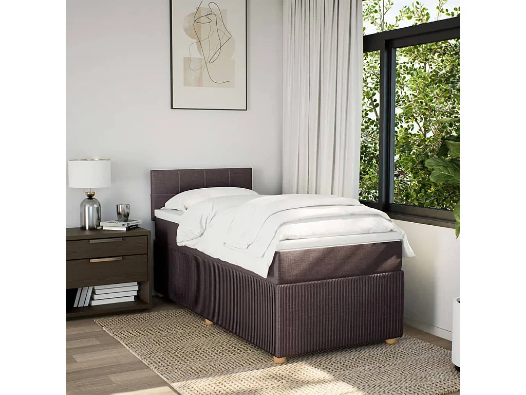 Cama box spring con colchón tela marrón oscuro 90x190 cm