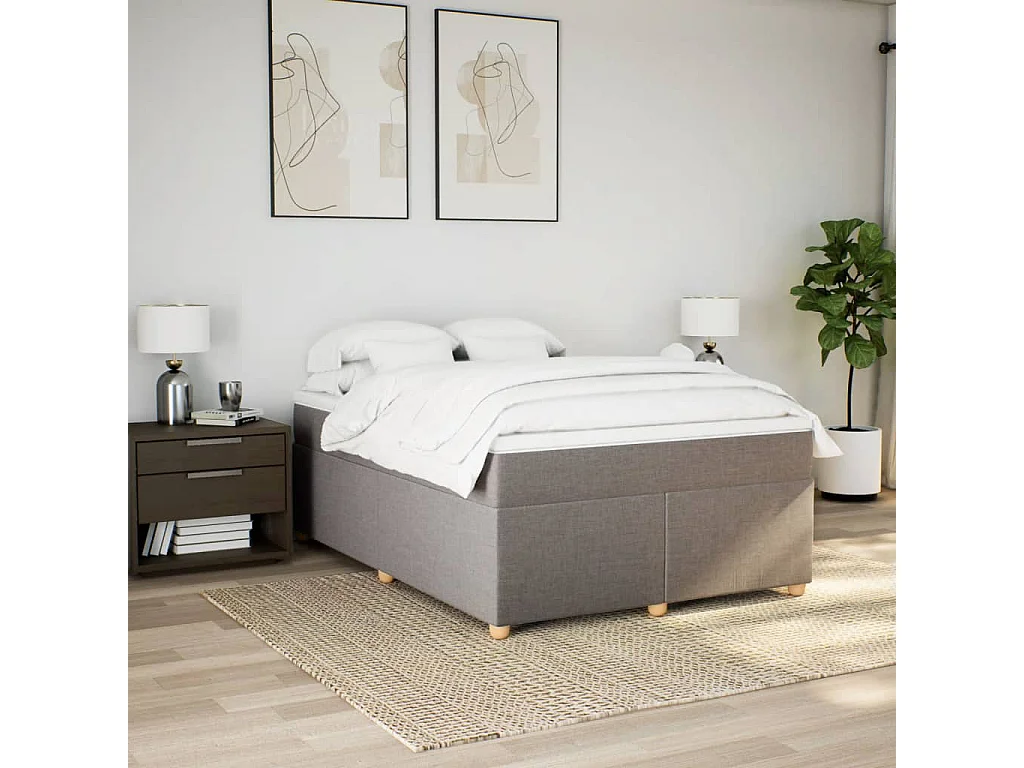 Cama box spring con colchón tela gris taupe 140x190 cm