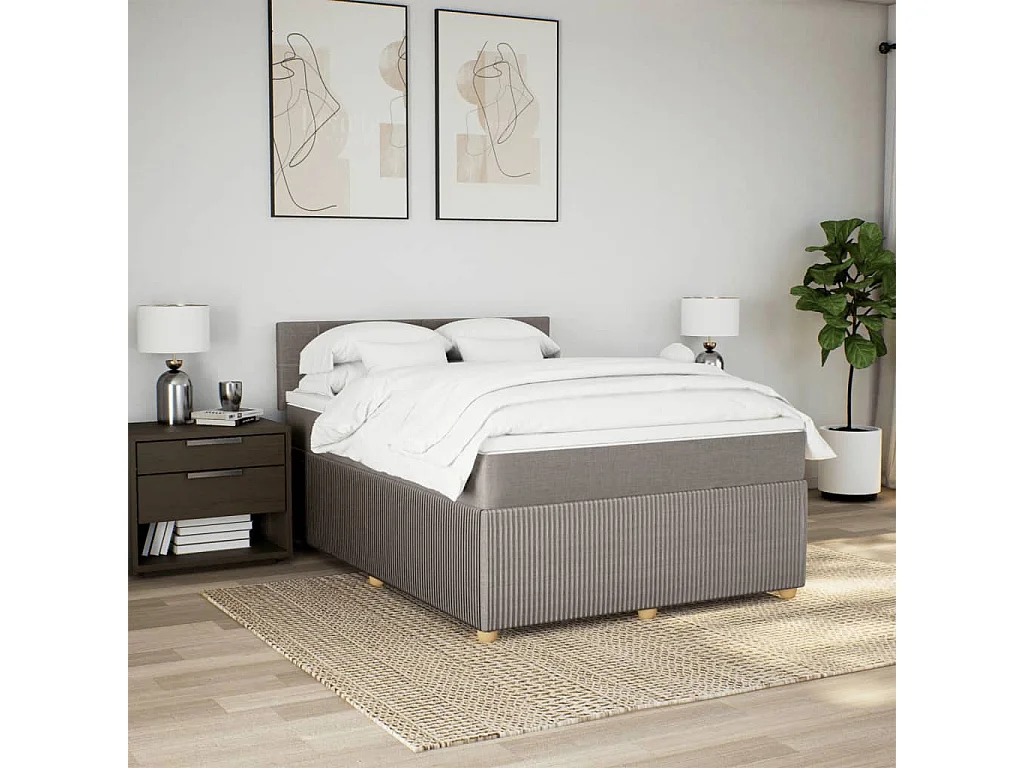 Cama box spring con colchón tela gris taupe 140x190 cm