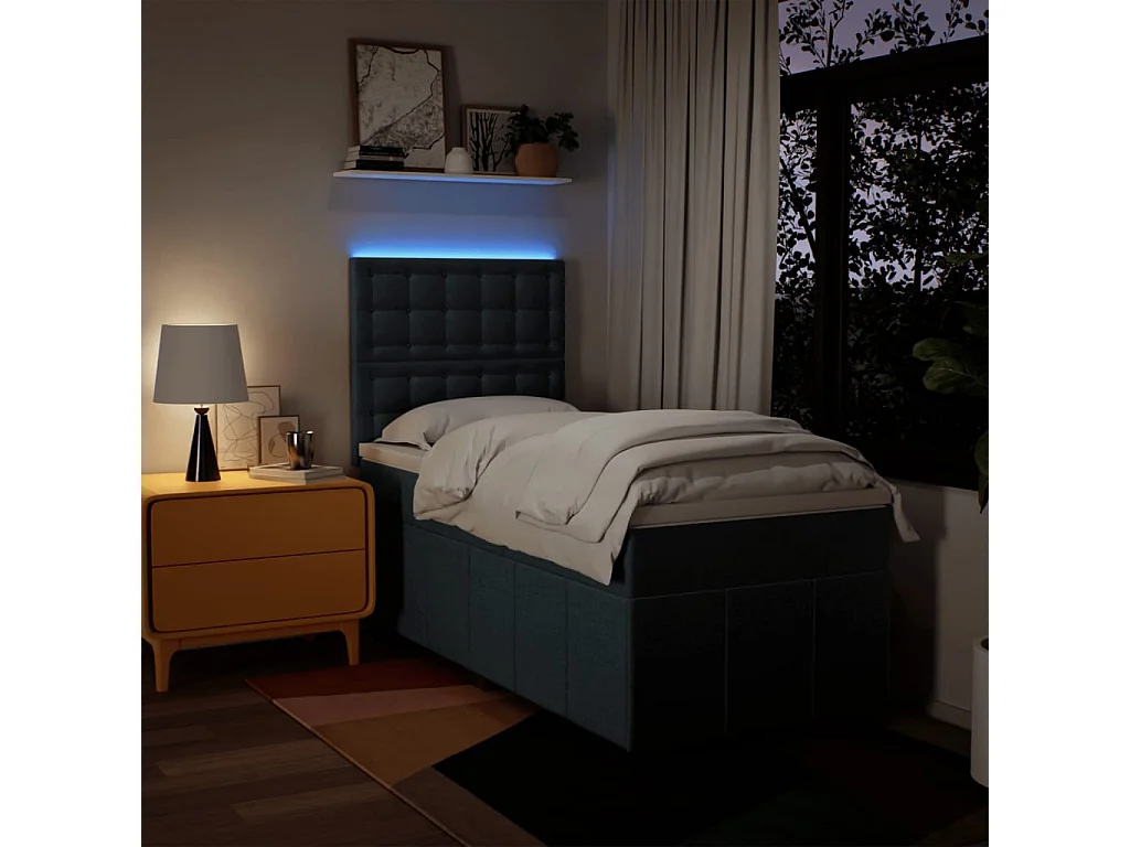 Cama box spring con colchón tela azul 90x190 cm