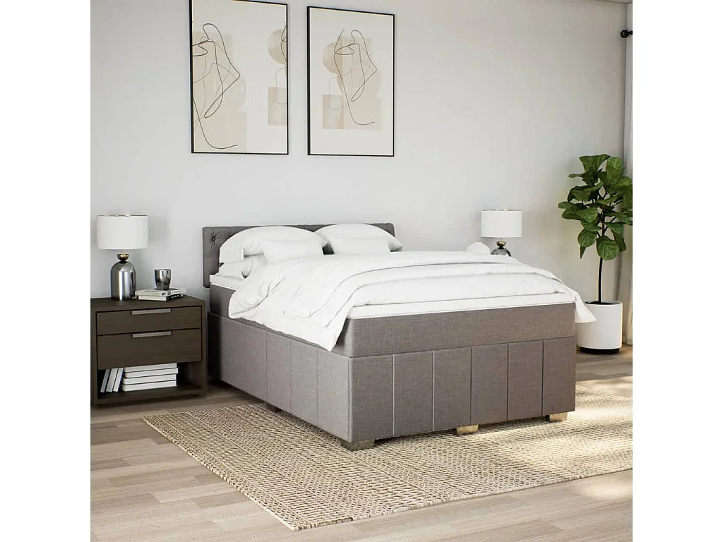 Cama box spring con colchón tela gris taupe 140x190 cm