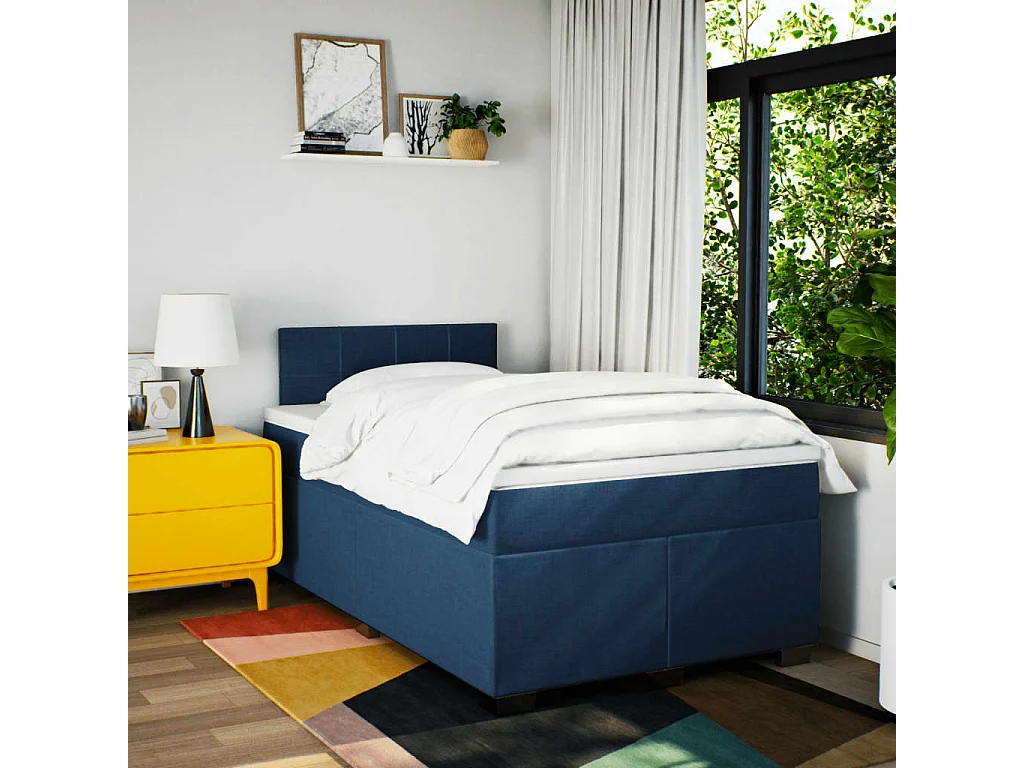Cama box spring con colchón tela azul 120x190 cm