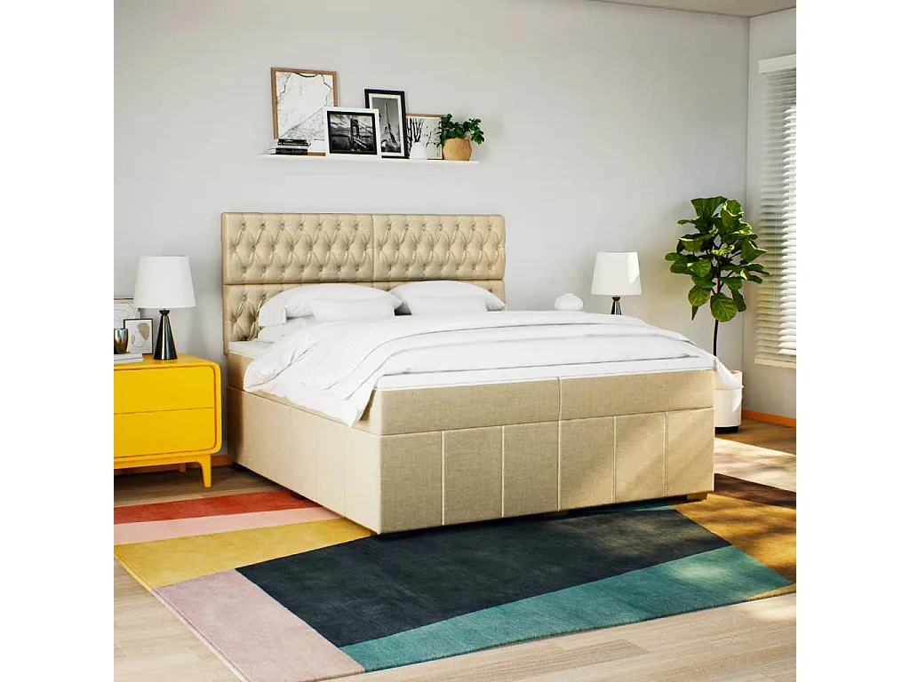 Cama box spring con colchón tela color crema 200x200 cm