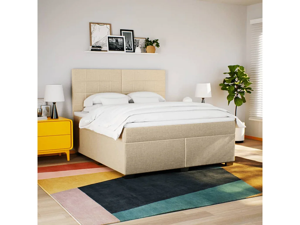 Cama box spring con colchón tela color crema 180x200 cm