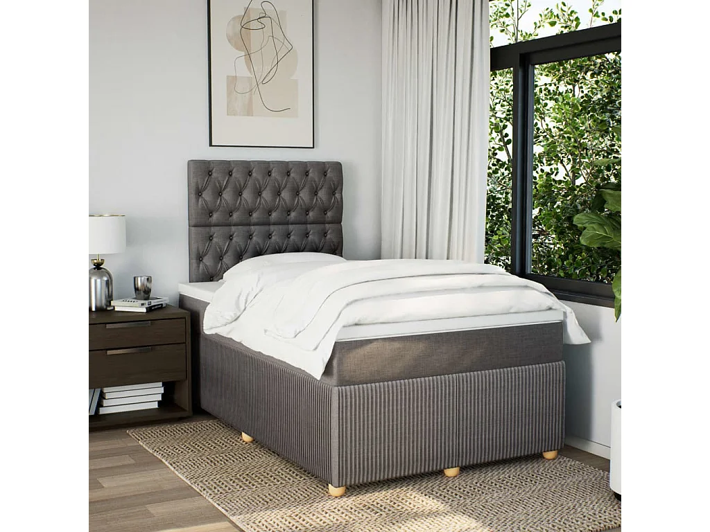 Cama box spring con colchón tela gris taupe 120x200 cm