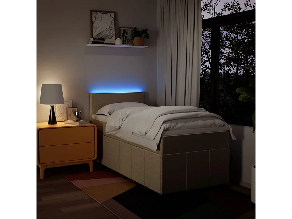 Cama box spring con colchón tela color crema 100x200 cm