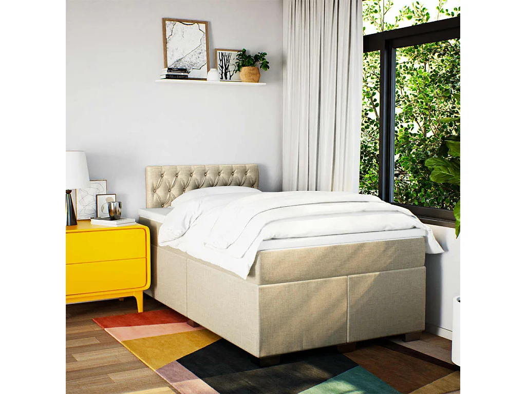 Cama box spring con colchón tela color crema 120x190 cm