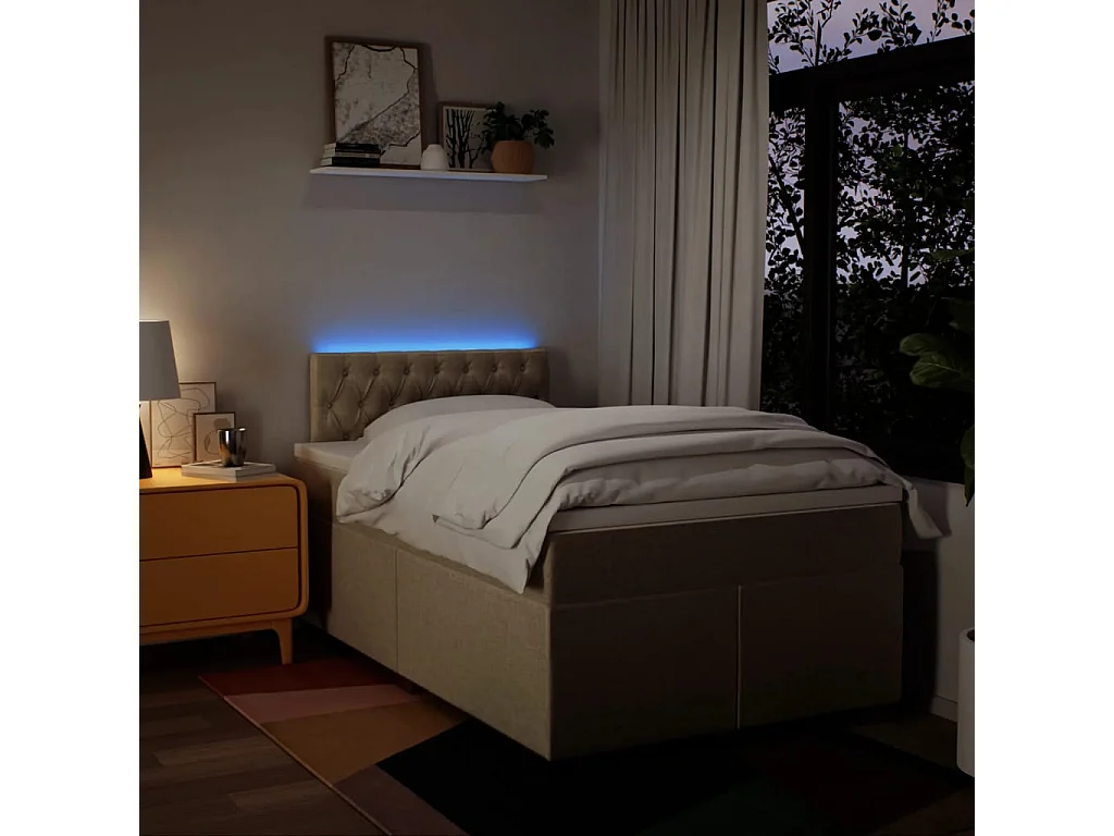 Cama box spring con colchón tela color crema 120x190 cm