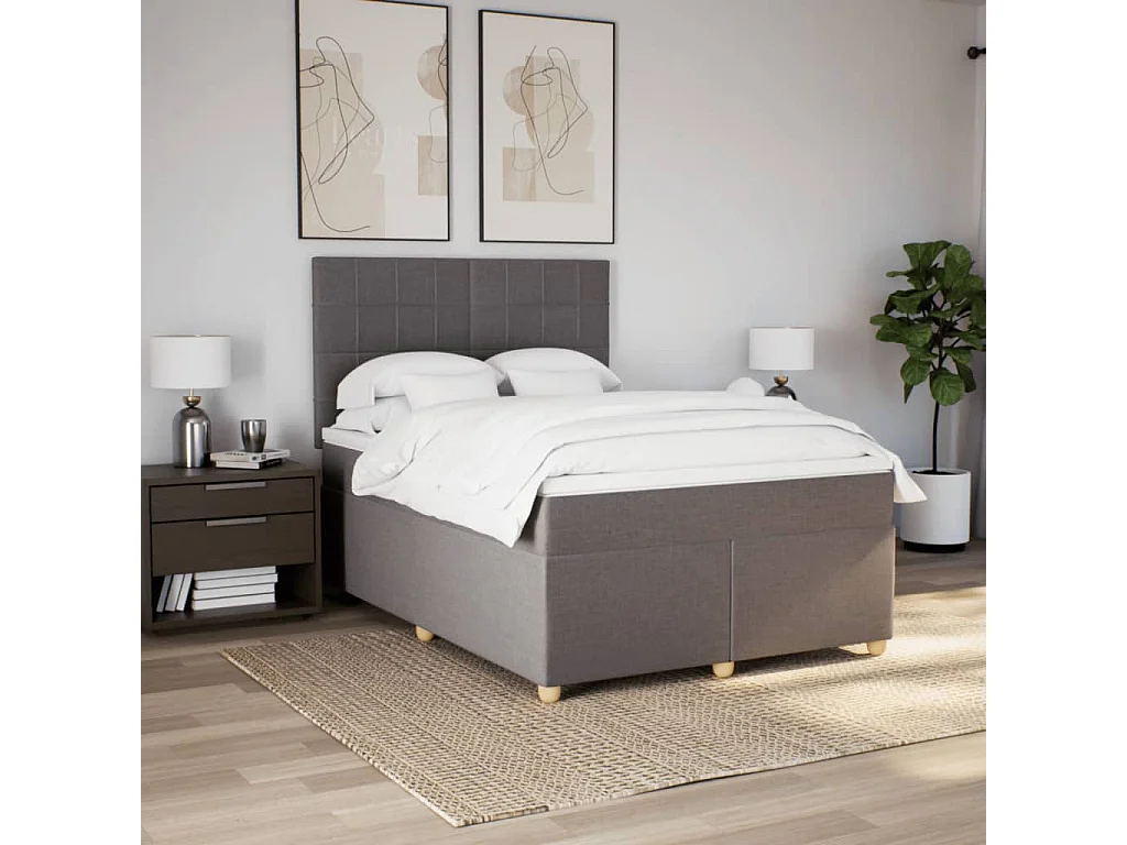 Cama box spring con colchón tela gris taupe 140x200 cm