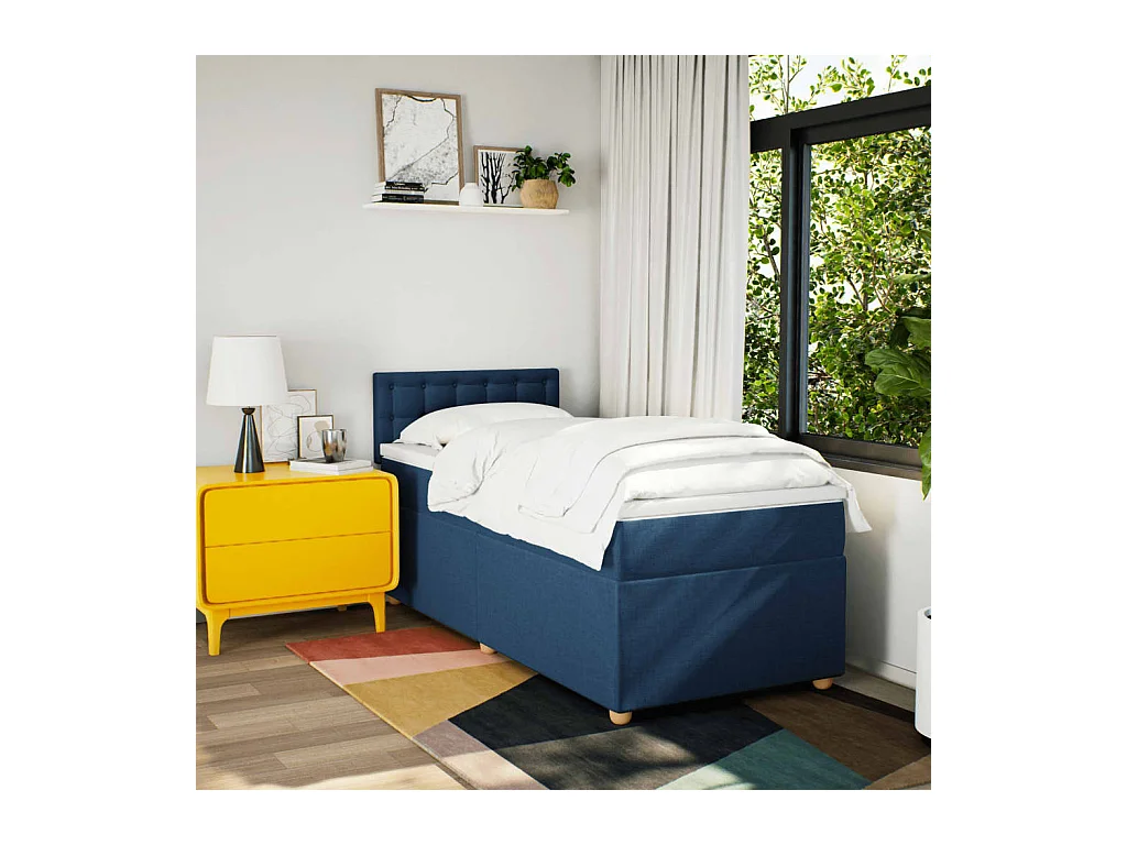 Cama box spring con colchón tela azul 100x200 cm