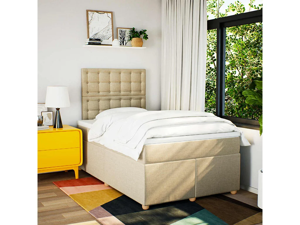 Cama box spring con colchón tela color crema 120x200 cm