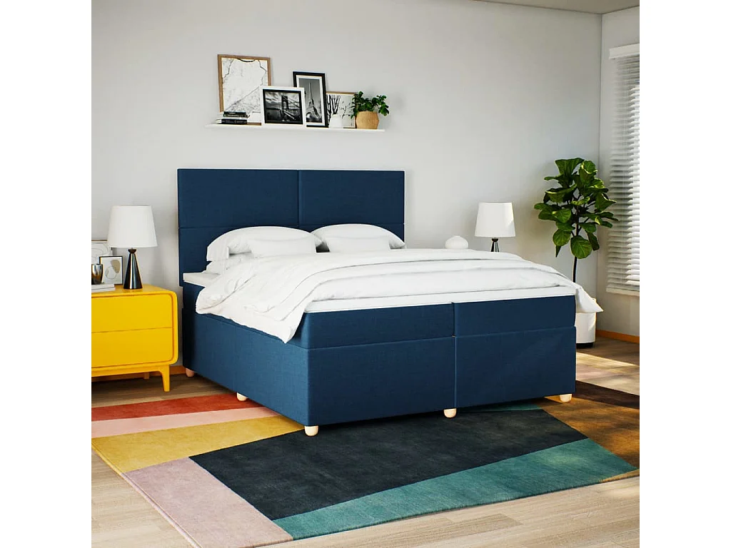 Cama box spring con colchón tela azul 200x200 cm