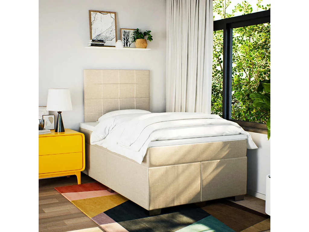 Cama box spring con colchón tela color crema 120x190 cm
