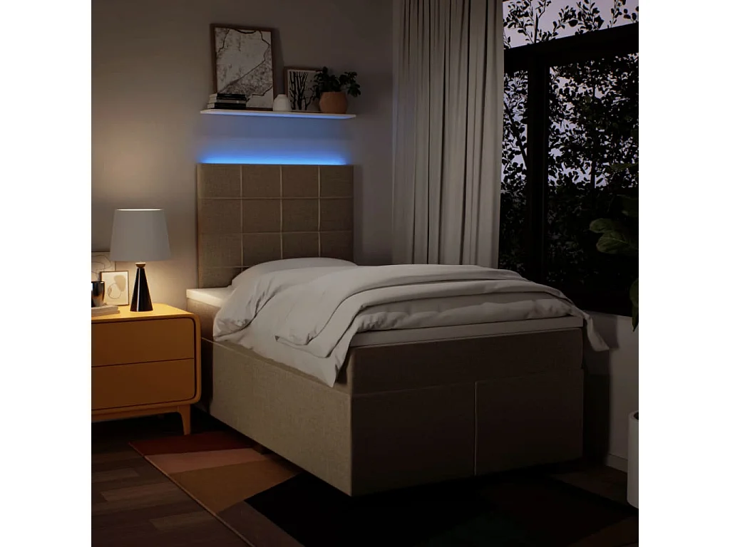 Cama box spring con colchón tela color crema 120x190 cm