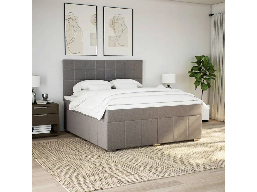 Cama box spring con colchón tela gris taupe 180x200 cm