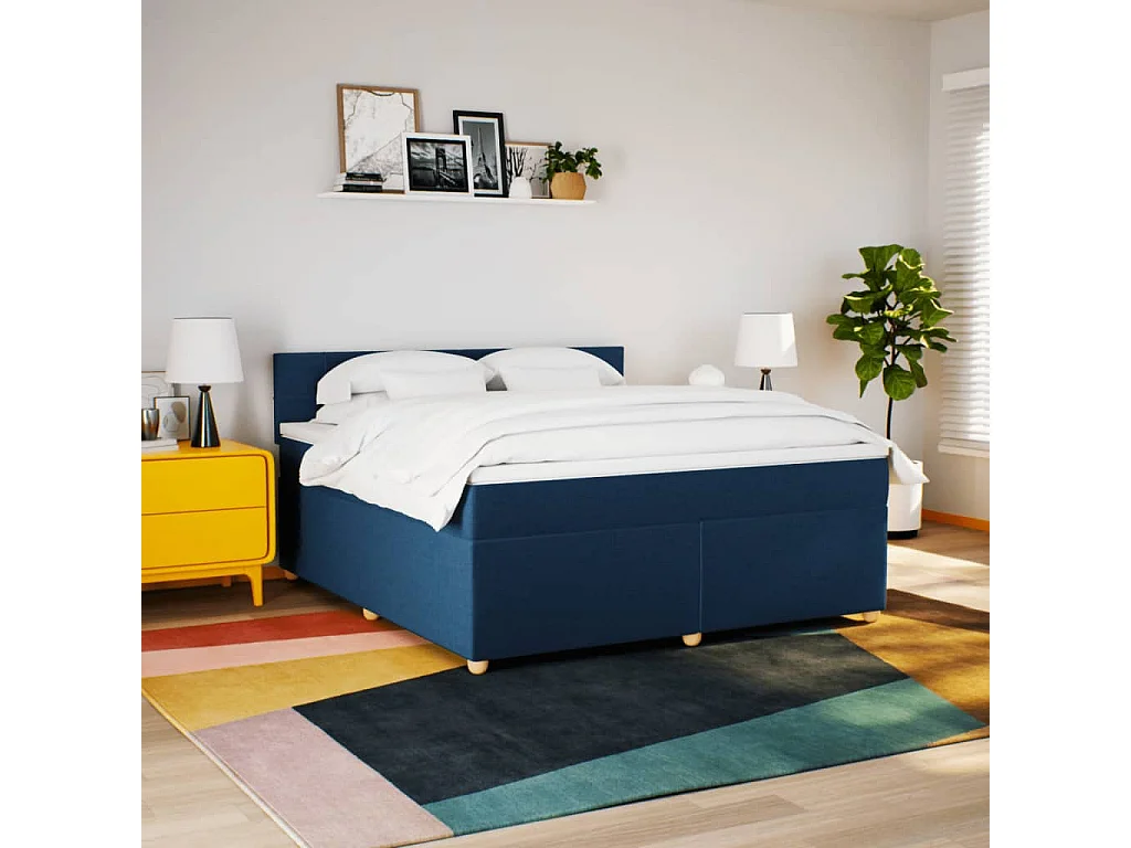 Cama box spring con colchón tela azul 180x200 cm