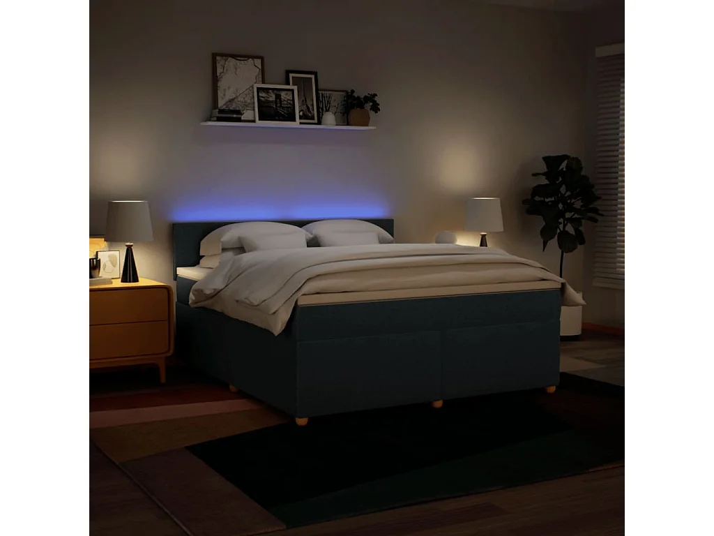 Cama box spring con colchón tela azul 180x200 cm